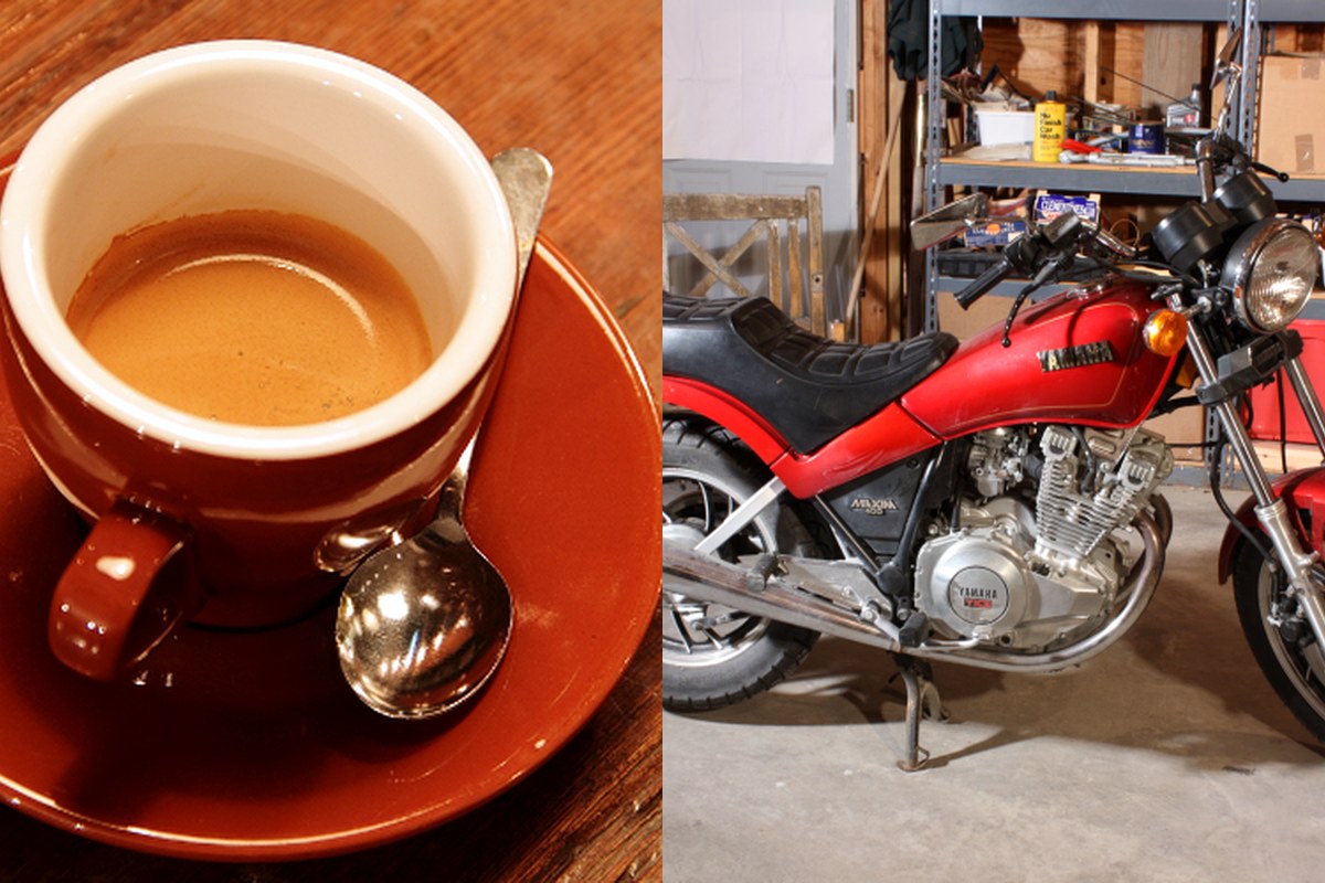 An editorial collage showing coffee, photography, the moon, and a motorcycle.