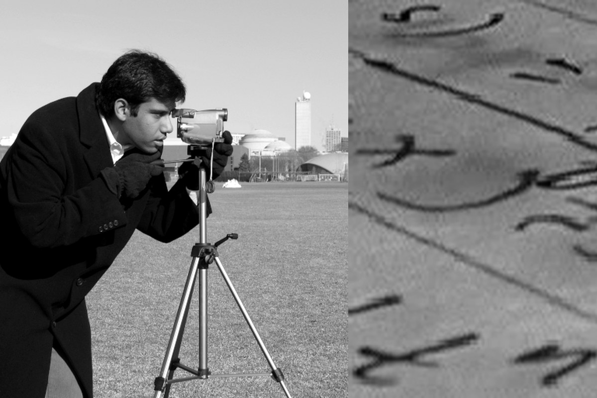 A photographer at work beside a close view of handwritten notes.