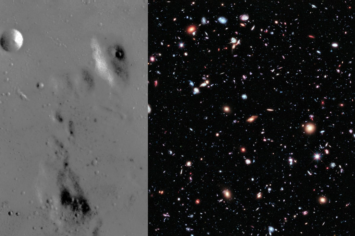 A paired view of the moon and a dense field of stars and distant galaxies.
