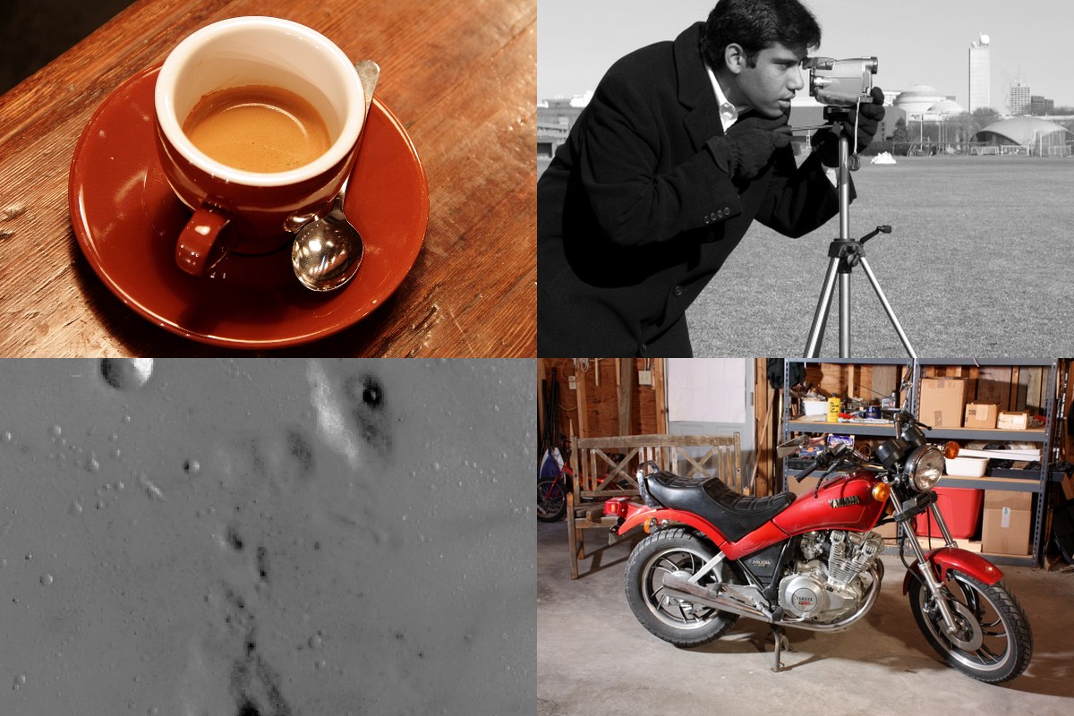 A collage of coffee, photography, the moon, and a motorcycle.